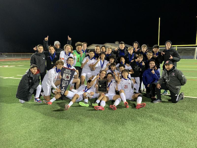 Boy's North Coast Section Championship Soccer Team with Trophy and Banner 2020